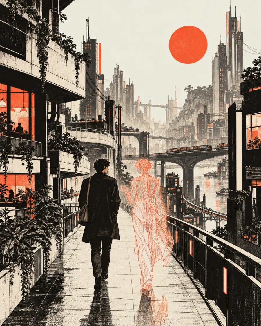 An ink-drawn future city. A person and an AI companion outlined in vermilion walk home together.